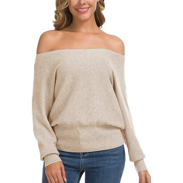 Feiersi Dam Off Shoulder Tröja Casual Långärmad Rundhalsad Topp 06 Beige X-Small