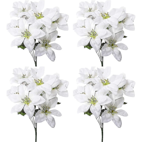 Set med 4 konstgjorda julstjärneblommor, 7 huvuden konstgjorda julstjärnebuskar siden jul vit julstjärnebukett julblommor bukett för jul