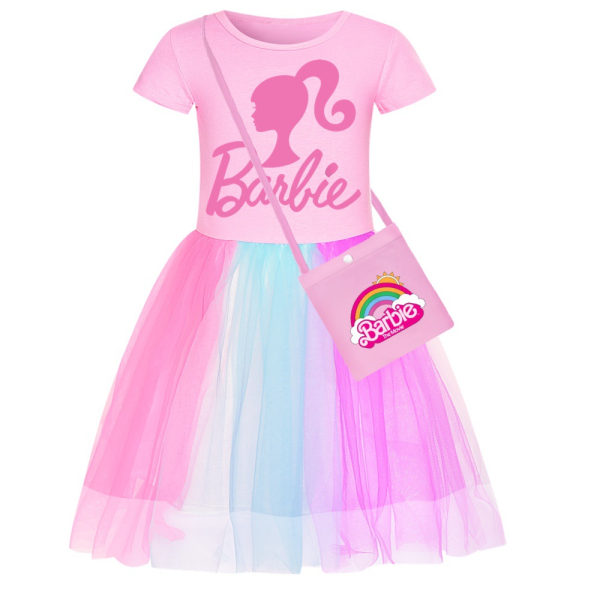 Barbie-rosa flickklänning Star Rainbow Rainbow spetskjol och crossbody B 110