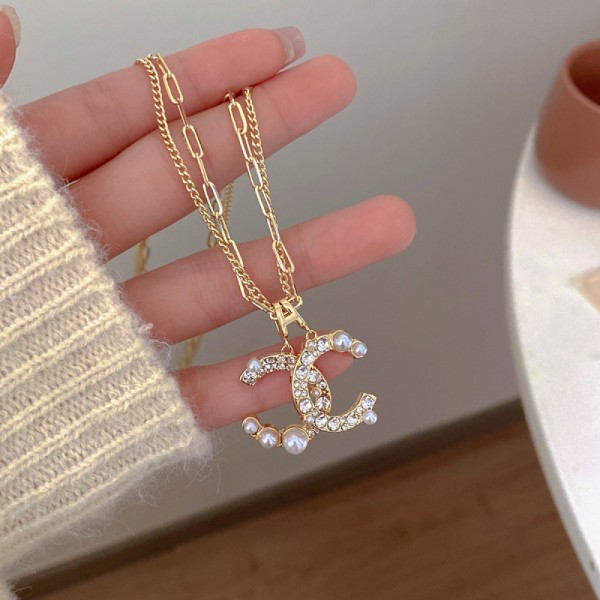 Långkedjig Dubbel C Pärla Mode Mångsidig Halsband Nischdesign för Kvinnor Dubbellager Ormben Halsband Tillbehör Jul