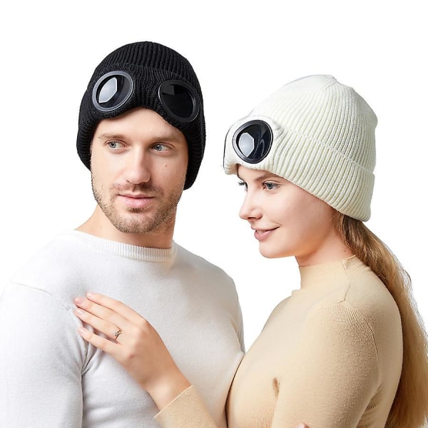 Unisex Stickad Mössa med Goggles Vindsäker Varm Vinter Skallehatt Skidåkning White