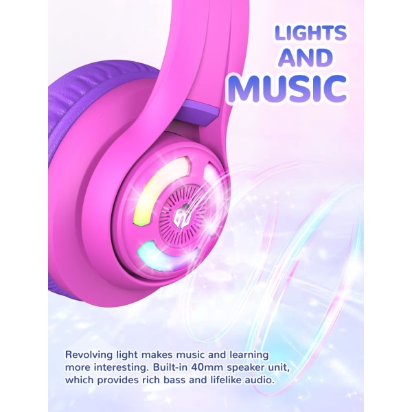 Bluetooth barnhörlurar, BTH13 Cat Ear LED Light Up Wireless 50H Pla Hot Pink