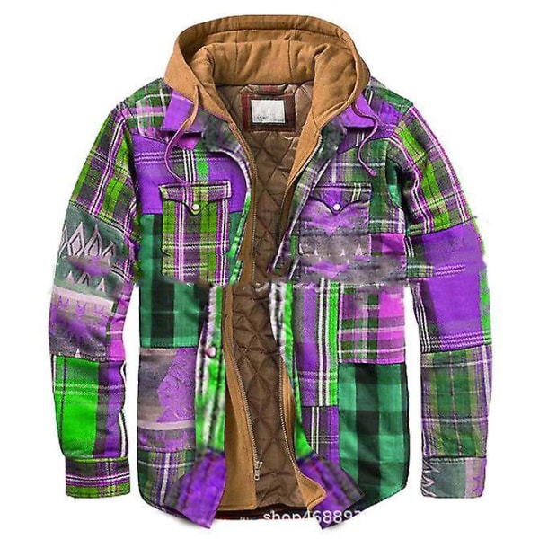 Män Vinterjackor Harajuku Plädskjortor Kappor Hooded Zipper Long Sleeve purple green 4XL