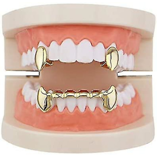 18k Guldpläterade Grillz Vampyr Dracula Tänder Grillz - 2st Ensamma Huggtänder och 6 Nedre Grillz Set - Y101