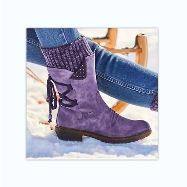 Damskor Ankle Boots Varma Fodrade Vinter Snörskor Purple EUR40