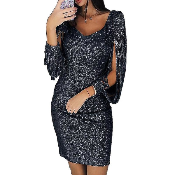 Kvinnor Paljettklänning Glitter Sparkle Sexig Djup V-ringad Kort Klänning Ovan Black 4XL