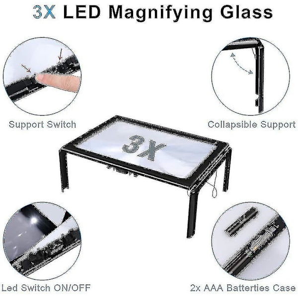 Förstoringsglas med LED-belysning, 3x förstoring, läsförstoringsglas, läs hjälpmedel, A4 rektangulär