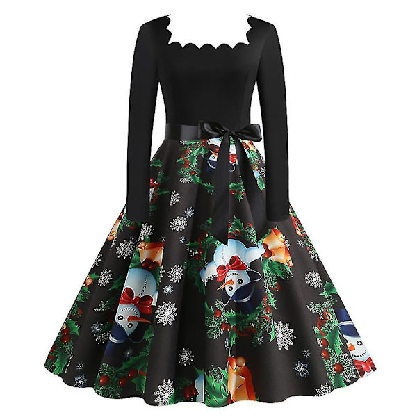 Långärmad julklänning för kvinnor, julparty, svängig A-linje 2XL Black Green
