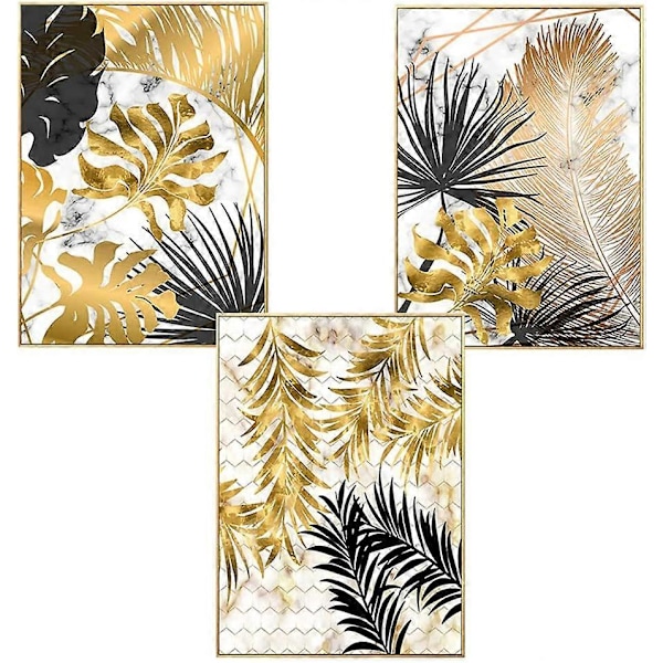 Set med 3 Design Väggaffischer Skog Guldblad Palmträd Ramlös Väggkonst Dekor för Vardagsrum