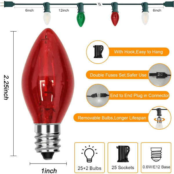 Pallerina C7 LED Julbelysning 25Ft Flerfärgad Julsträng Clear Red,White,Green