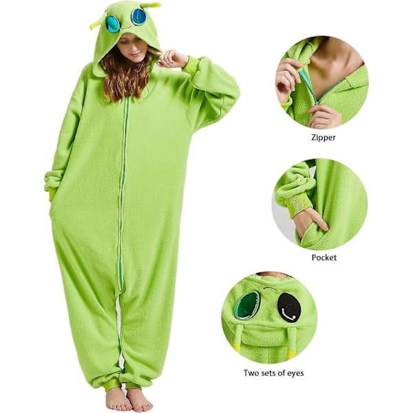 Grön Alien Onesie Pyjamas Vuxen Tecknad Halloween Cosplay Kostym Hemmakläder Sovkläder för Kvinnor Män M