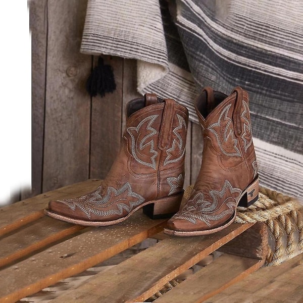 Dam Retro Broderade Western Cowboy Boots Spetsig tå Låg Blockklack Dark Brown 37