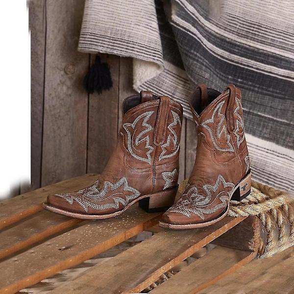 Dam Retro Broderade Western Cowboy Boots Spetsig tå Låg Blockklack Dark Brown 41