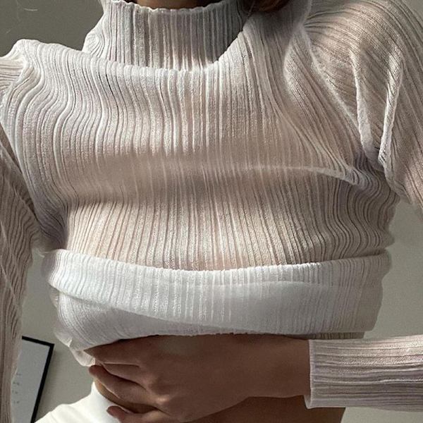Gasa Hög Hals Texturerad Axelkant Långärmad T-shirt M