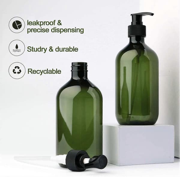 2-pack 500 ml/17 oz tomma återfyllningsbara plastflaskor med lotionpump (grön)