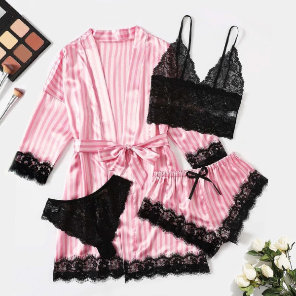 Plus Size Sleepwear Floral Trim Satin Underkläder Pyjamas Set Underkläder Med Robe Spets BH och Trosor Fyra delar Dam Pink L