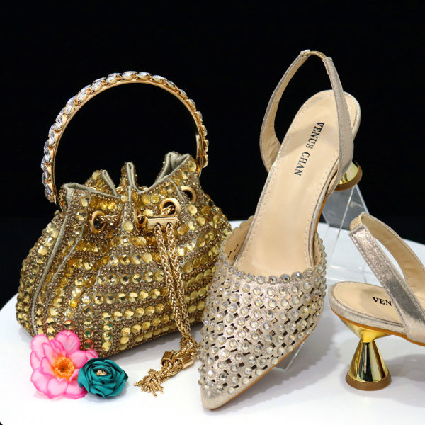 Italiensk design sko och väska set hög kvalitet handgjorda Lady Evening Ban champagne 37