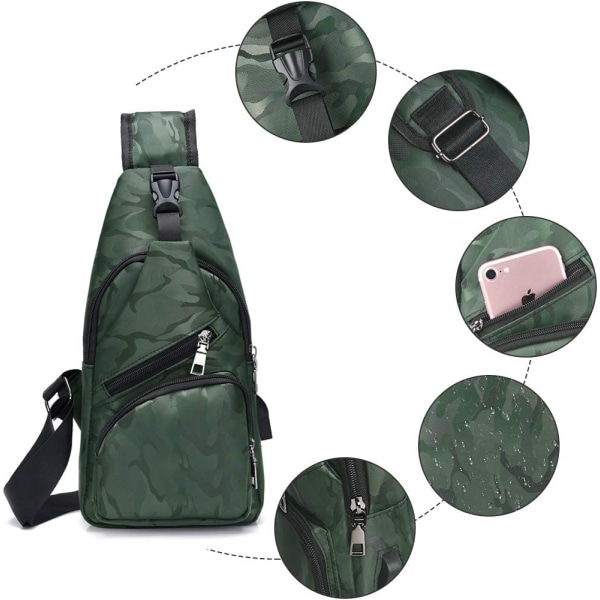 Slingväska, Bröstväska med USB-laddningsport, Lätt för Män och Kvinnor 7 Kamouflage Grön Sling Bag
