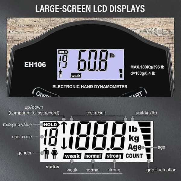 Grip Strength Tester, 396lbs/180kg Digital Hand Dynamometer Greppstyrkemätare USB LCD-skärm Hand