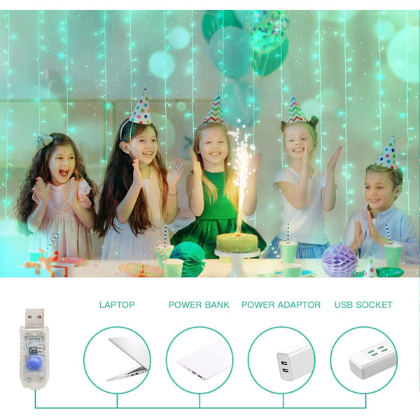 Gardinljus för sovrum, 200 led hängslinga utomhus vattentät Green USB-200 LED