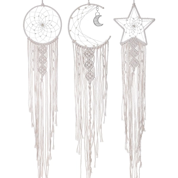 3 stycken vita stora macrame drömfångare måne sol handgjorda stora