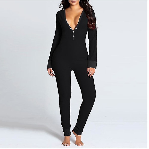 Långärmad Jumpsuit med Bakåtknappar - Lingerie, Onesie, Pyjamas B varm rosa M