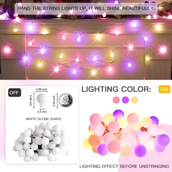 Globe String Lights Sovrum, 100 Led Fairy Lights Plug in, Indoor Stri Purple 100 LED Battery
