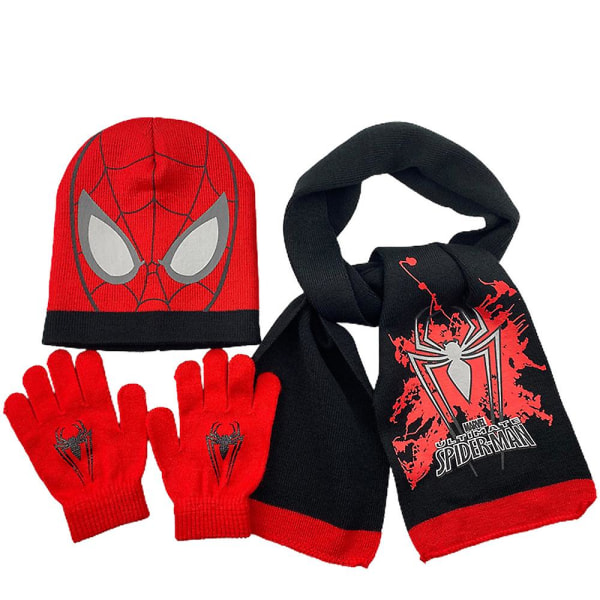 Kids Spider-man Beanie Hat Scarf Handskar Kit Stretchy Cuffed Cap Mitte Black