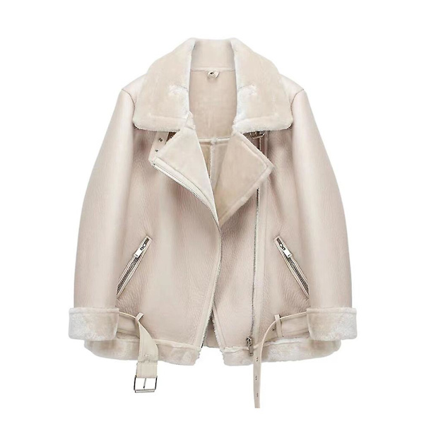 Vinterjacka för kvinnor, tjock konstläder, päls, fårskinn, damjacka, päls Shearling Beige XL