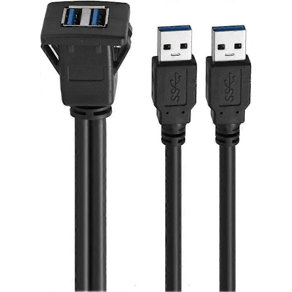 USB Panel Infälld Monteringskabel USB 3.0 Förlängning USB-fäste, Instrumentbrädefäste, Infällt fäste, Panelmonteringskabel, För Bil, Båt, Motorcykel (Fyrkantig Dubbel USB 3.0 2M)