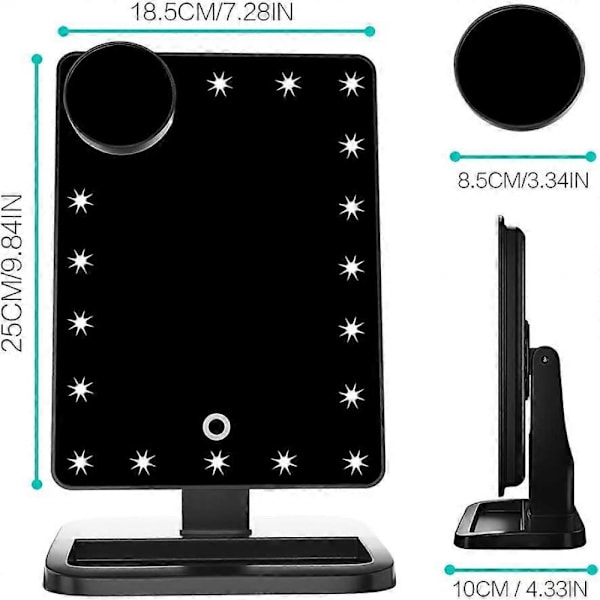 Sminkspegel 20 LED-lampor Touch Screen 10X (Bluetooth-Svart)
