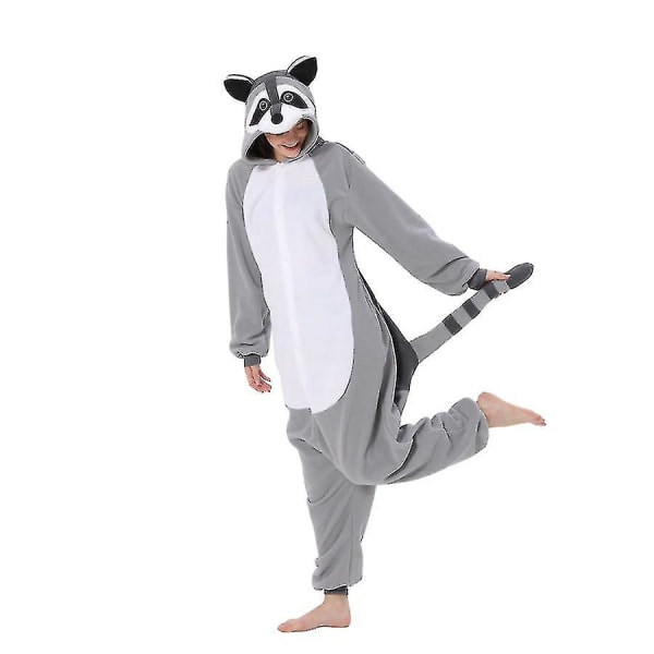 Raccoon Kostym för Vuxna Djur Helkroppspyjamas Halloween Jul Light Grey M