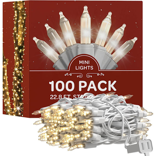 Julbelysning [Set med 100] Flerfärgade julbelysning, UL-listad F Clear - White Wire 100