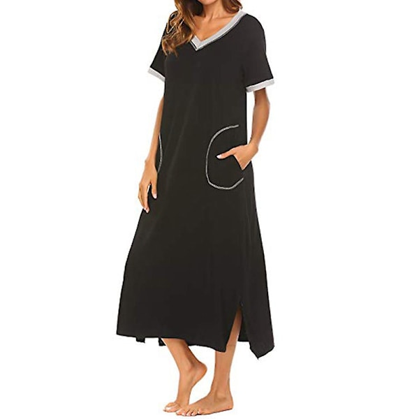 Nattklänning för kvinnor, kortärmad, ultralen, full längd, sovkläder Black L