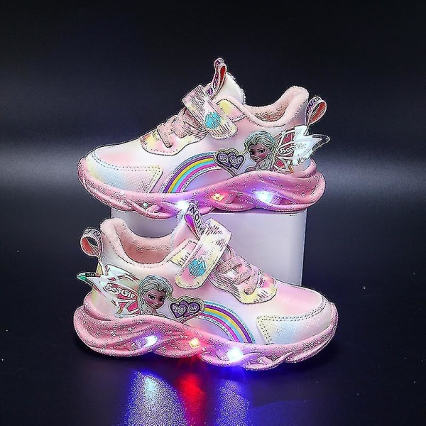 Girls Led Casual Sneakers Elsa Princess Print Outdoor Shoes Kids Pink P 22-insole 13.8cm