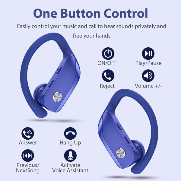 Trådlösa Hörlurar Bluetooth-Hörlurar 48 timmars Uppspelning Sportörhängen Blue