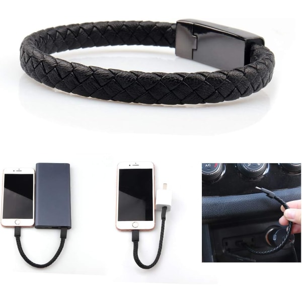 USB läderladdningsflätade armband för iPhone, hematitmetall och svart läder