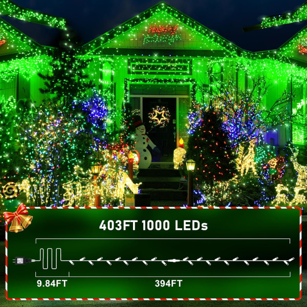 403 fot 1000 LED-ljusslingor för utomhus Julbelysning 8 lägen & Timer Green 403ft 1000 LED