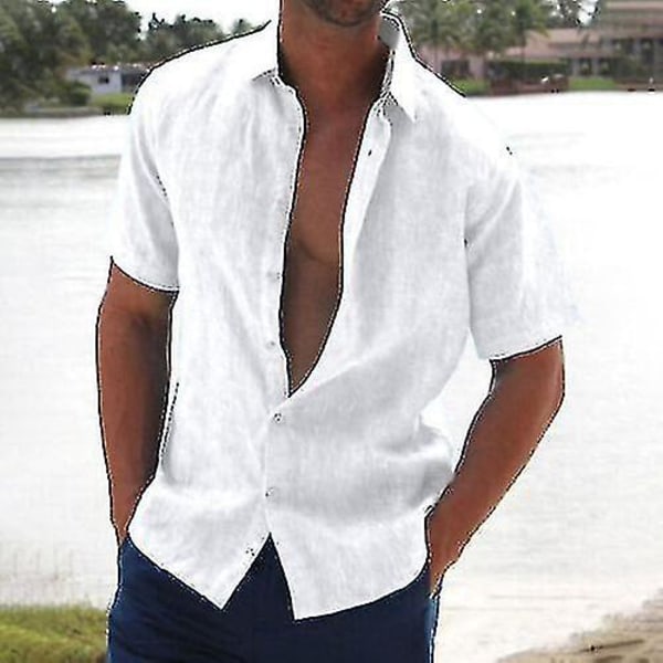 Sommar enfärgad kortärmad linneskjorta för män Lös Casual S White M