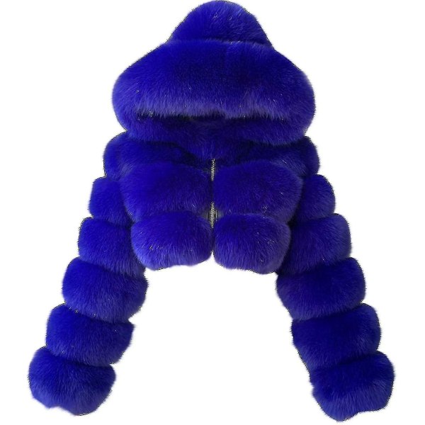 Konstgjord Pälsjacka Dam Med Huva Kort Bubbeljacka Fleece Kort Varm J Blue X-Large