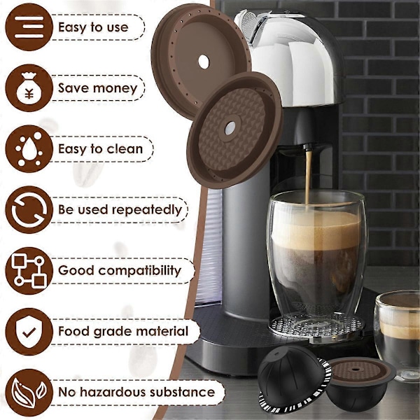5 st Återanvändbara Vertuo-kapslar för Nespresso-maskin, Kaffekapsel med 2 Silikonlock 1 Sked och Borste