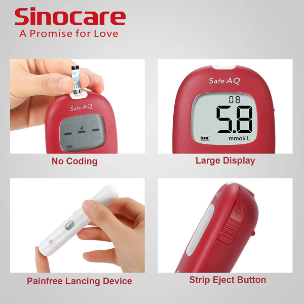 SINOCARE SAFE AQ SMART blodsockermätare/maskin Ingen kodning, mätningar av blodsocker/diabetesnivåer är snabba, exakta och pålitliga