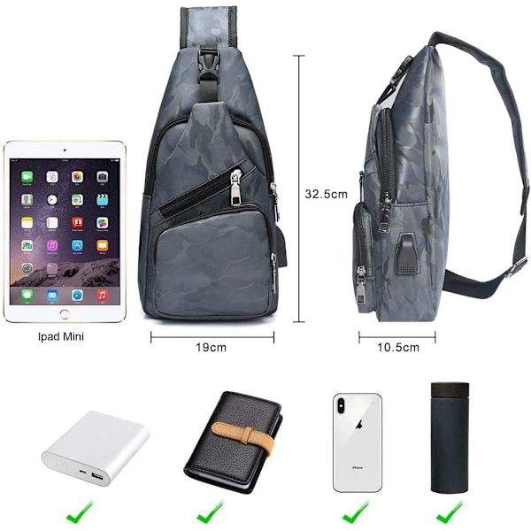 Slingväska, Bröstväska med USB-laddningsport, Lätt för Män och Kvinnor 5 Kamouflage Grey Sling Bag