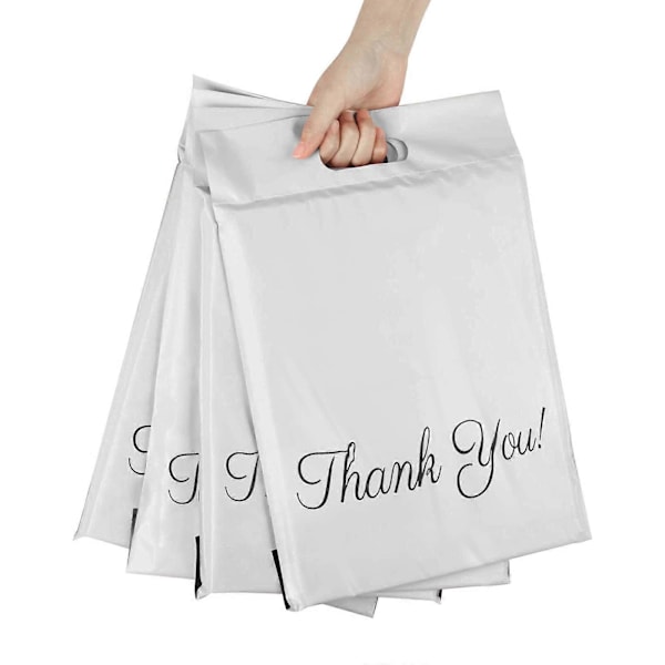 100 Stycken Plast Kuvert, Vattentäta Starka Fraktpåsar med Handtag för Packning, Förvaring, Shopping, 25x33cm+5cm+6cm (Vit)