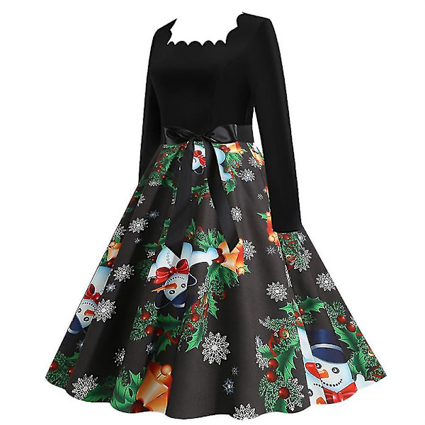 Långärmad julklänning för kvinnor, julparty, svängig A-linje 2XL Black Green
