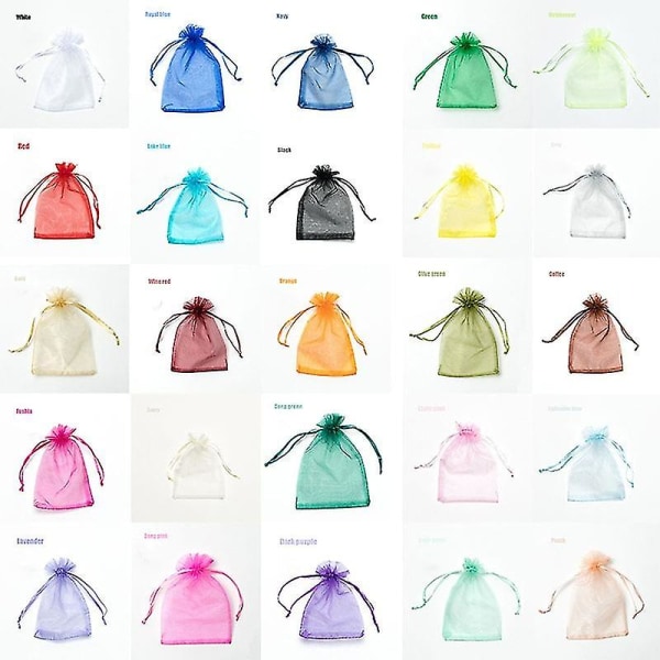 100st 22 Färger 7x9 9x12 10x15 13x18 Cm Dragable Organza Väskor Smycken net 9x12cm 100pcs