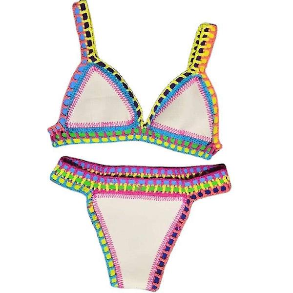 Sexig kvinnobikiniset, vändbar badkläder, låg midja, handgjord stickning Yellow M
