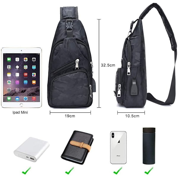 Slingväska, Bröstväska med USB-laddningsport, Lätt för Män och Kvinnor 4 Camouflage Black Sling Bag