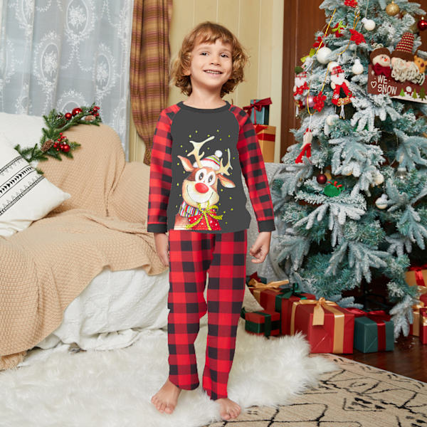 Familj Set Nattkläder Tecknad Hjort Splicing Långärmad Crew Neck Top&L children 5 years old
