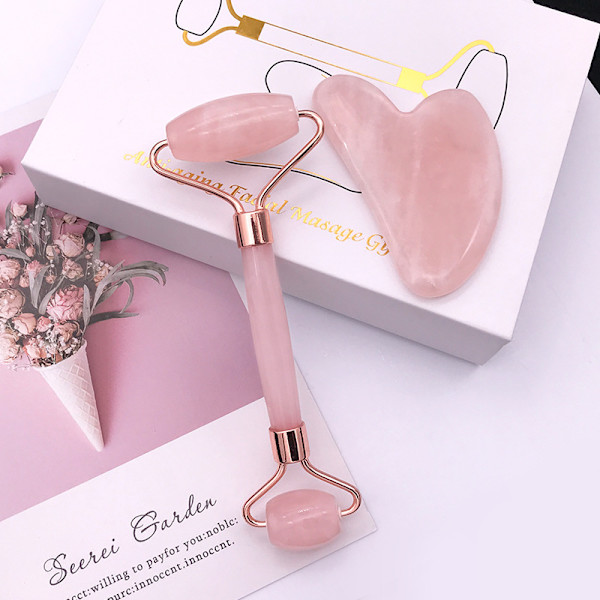 Jade Roller Ansikts Gua Sha Jade Roller Rosékvarts Ansiktsmassageverktyg R